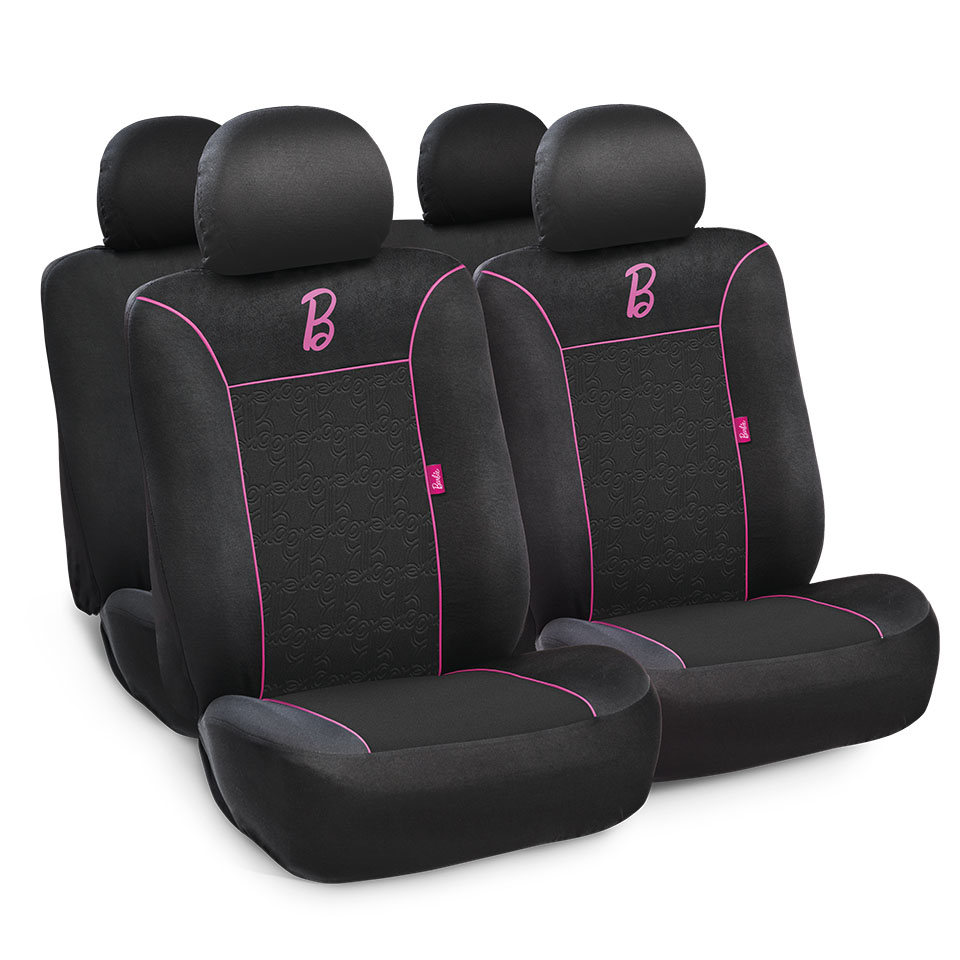 BARBIE FUNDA ASIENTO UNIVERSAL ACOLCHADA NEGRA DETALLE ROSA